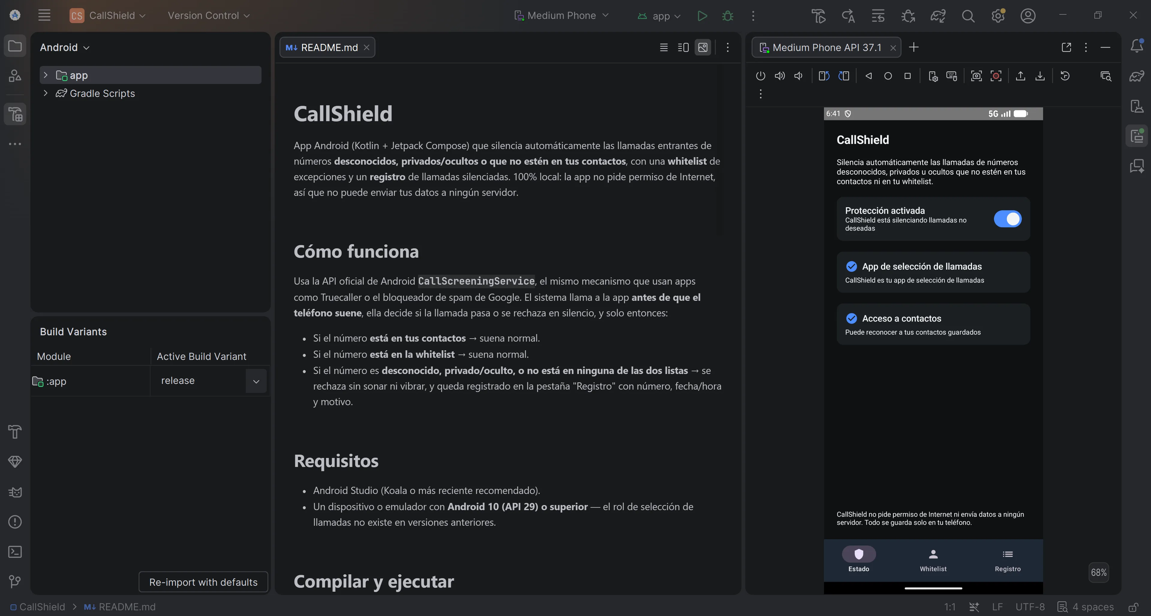 CallShield ejecutándose en Android Studio