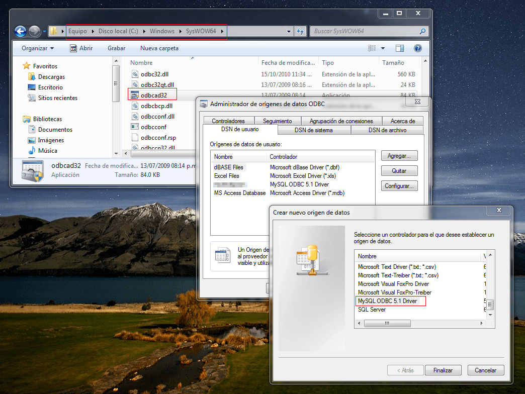 Or铆genes de datos ODBC MySQL