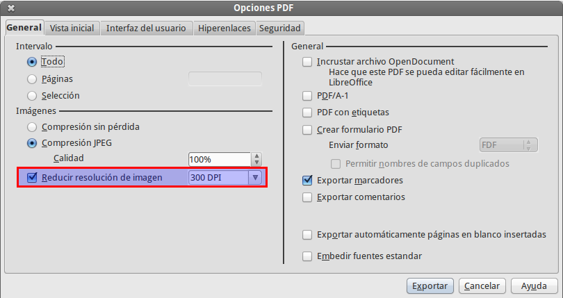 Opciones para exportar a PDF