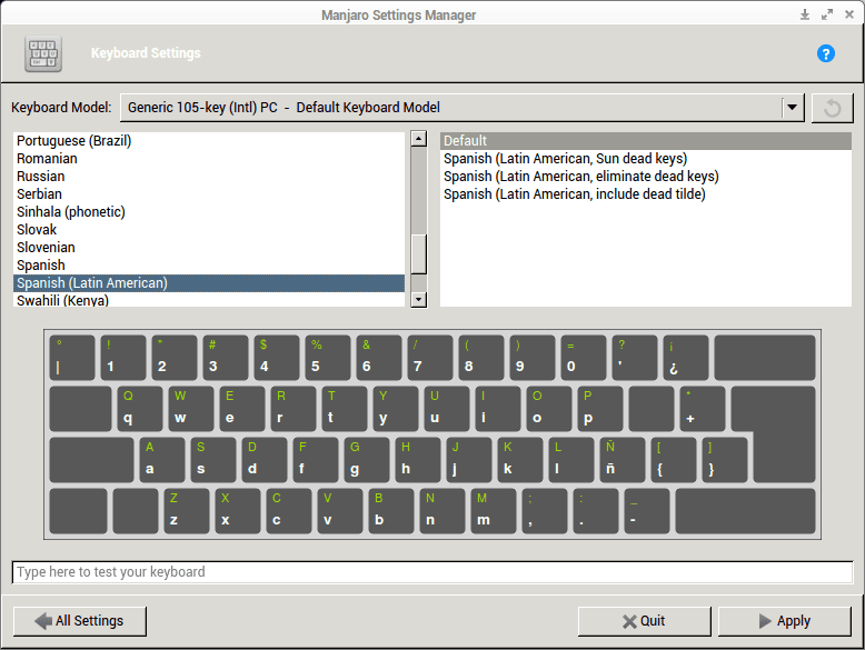 Manjaro Settings Manager, Configuración del teclado.