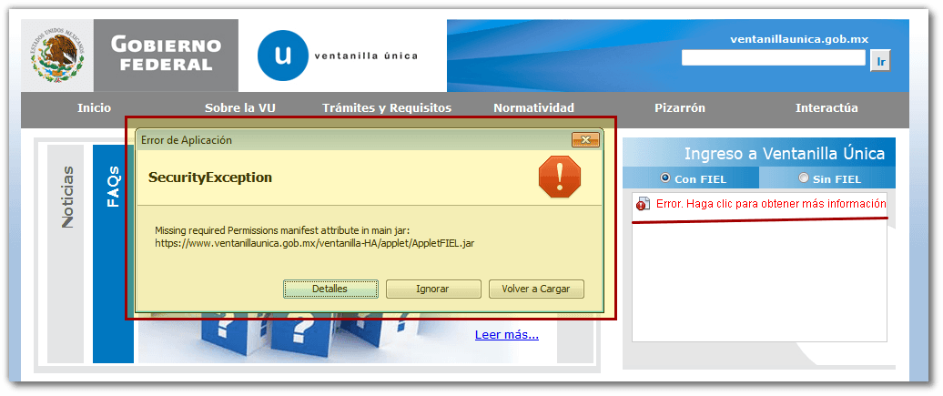 Missing required permissions manifest attribute in main jar AppletFIEL.jar