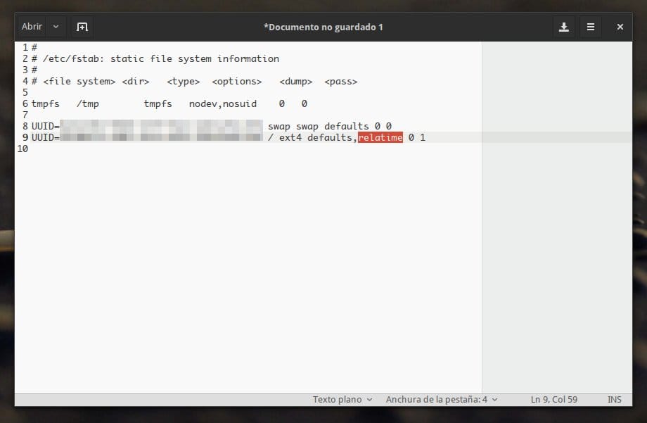 agregando el parámetro relatime a fstab