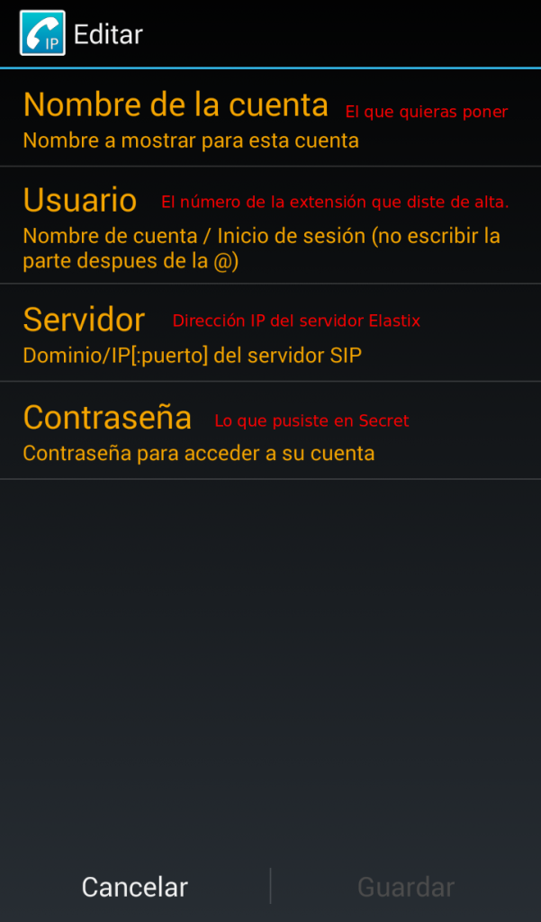Opciones de configuración de la cuenta