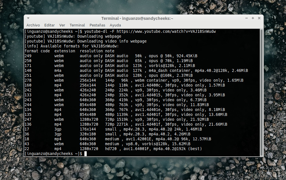youtube-dl lista de formatos disponibles.