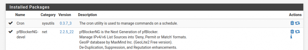 El paquete Cron ya instalado en pfSense.