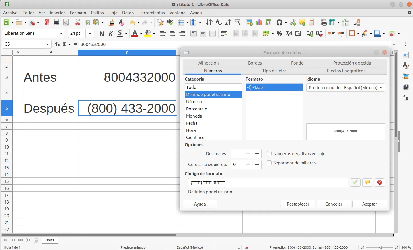 Formato de celdas en Libreoffice Calc
