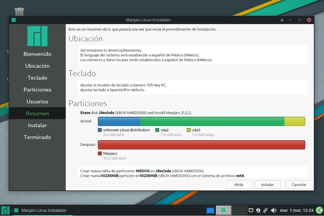 Resumen de la instalación.