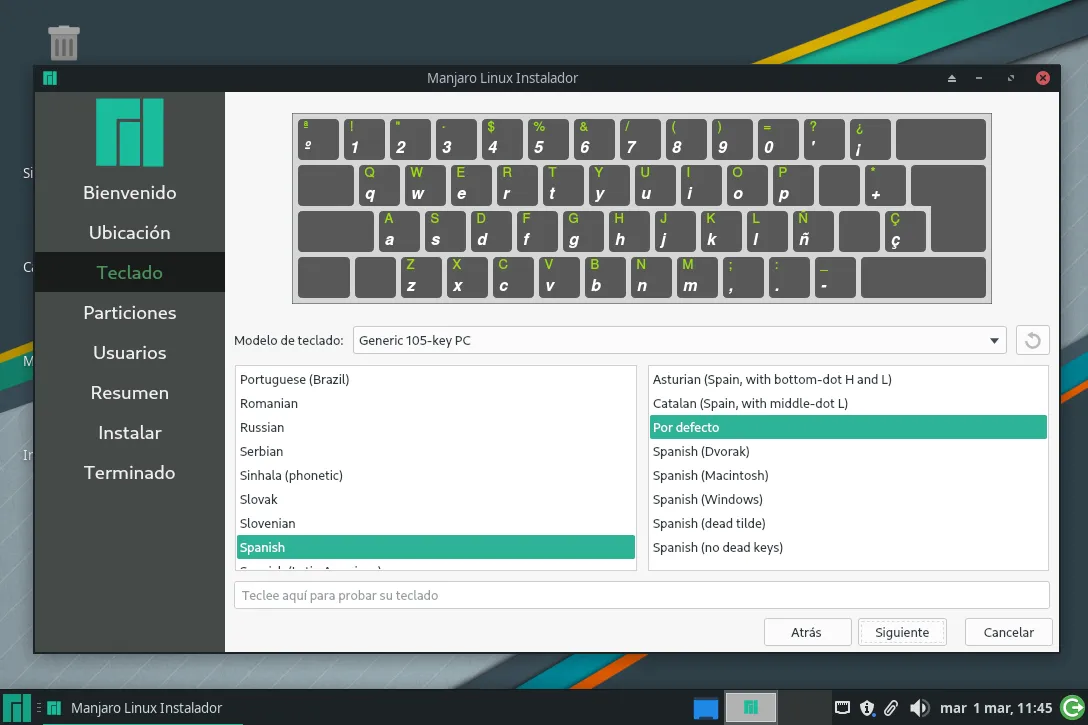 Configuración de la distribución del teclado.