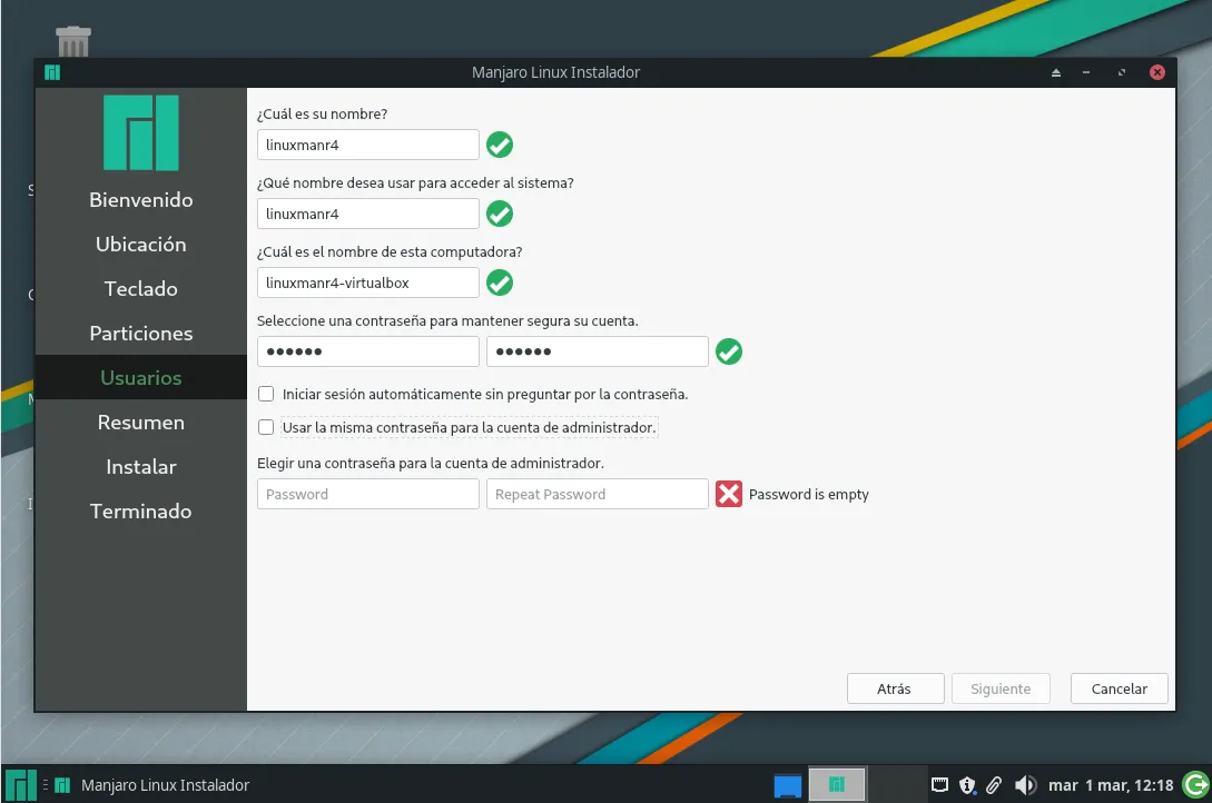 Configurando el primer usuario.