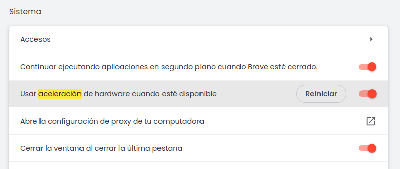 Opción de aceleración en el navegador Brave.