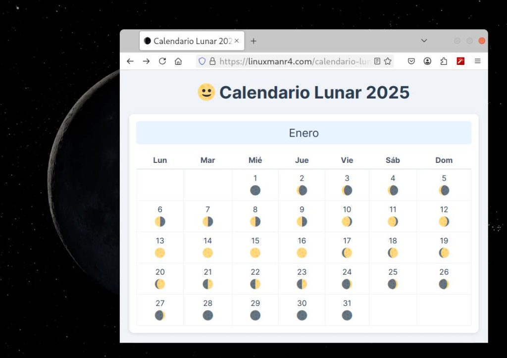 Fases lunares: un programa en Python, un script en Bash y un calendario web Calendario Lunar visto en Firefox.